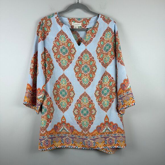 Cynthia Rowley Tops - Cynthia Rowley Top Women 1X Blue Orange Medallion Print Split Neck Boho Tunic